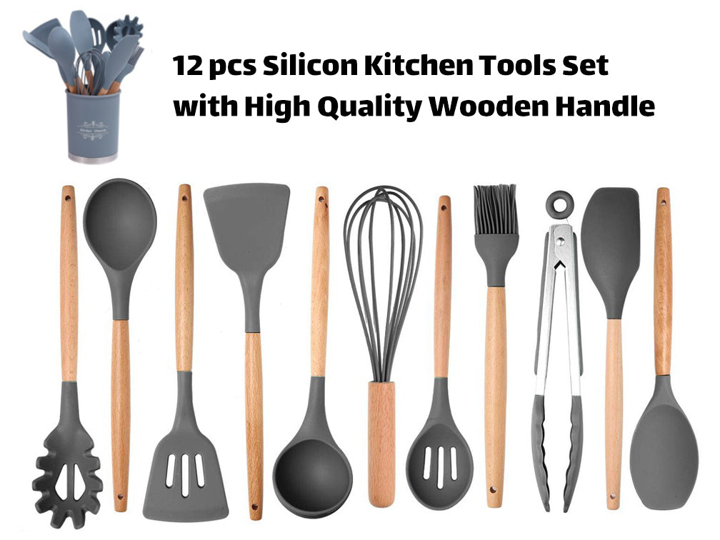 Generic Kitchen Tools Wooden Handle Silicone Kitchenware Twelve Piece Set  with Storage Bucket Factory Spot Direct  Wholesale Twelve kitchen  utensils set - khaki @ Best Price Online