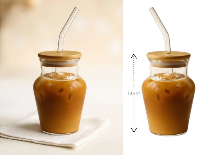 Curvy Clear Glass Drinking Cup with Bamboo Lid and Glass