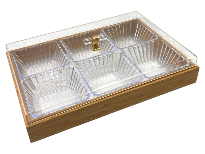 Bamboo Rectangular Condiment Tray with 6 Bowls and Cover