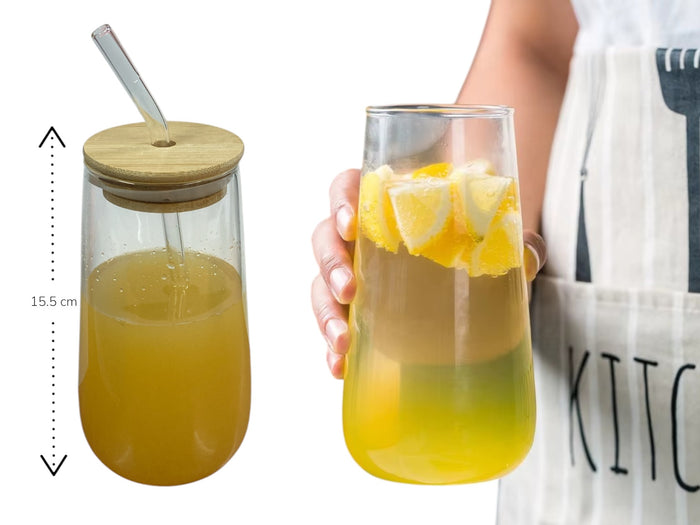 Long Smooth Clear Glass Drinking Cup with Bamboo Lid an