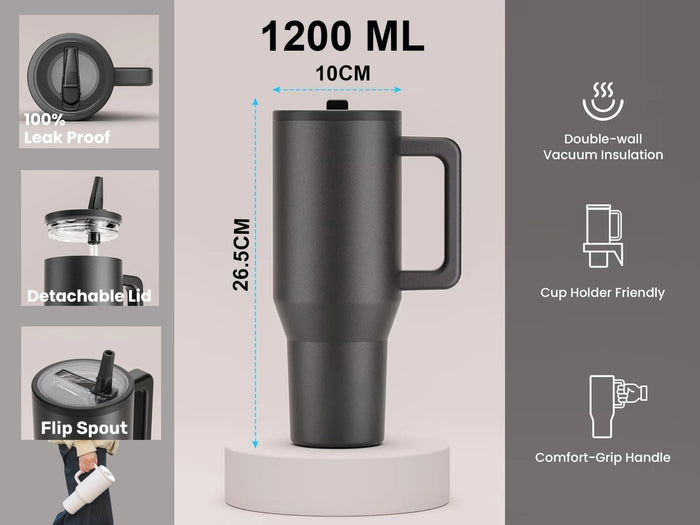 Leak Proof Large SS Tumbler Flip Spout wHandle and Straw