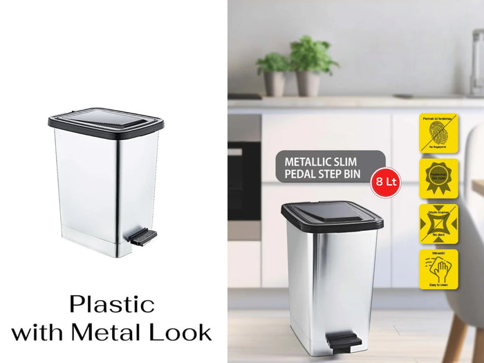 Slim Metallic Color Plastic Pedal Dustbin 8 L