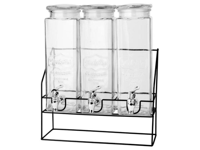 Glass beverage dispenser 3X2.2 L w tap & metallic Stand