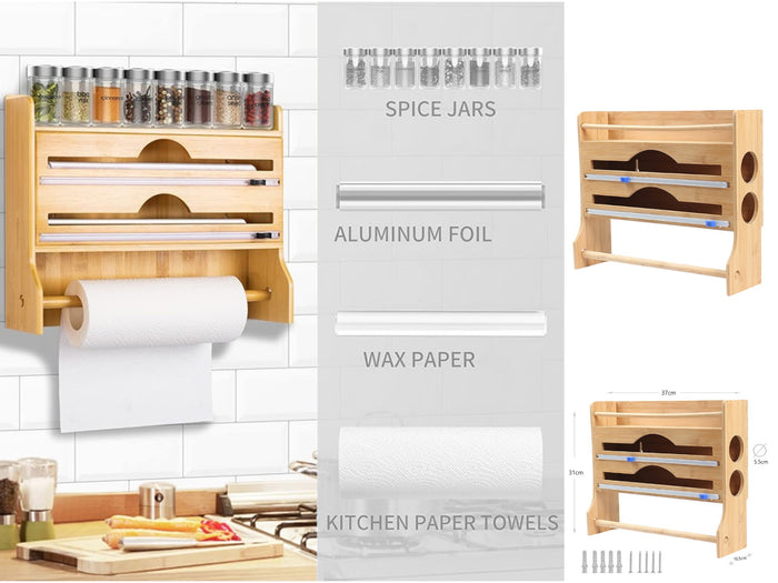 4-in-1 Bamboo Foil Cutter and  Kitchen Roll Holder