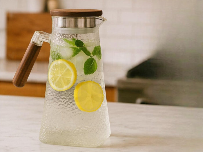 High Quality 2L Glass Pitcher w Wood Handle and Cover