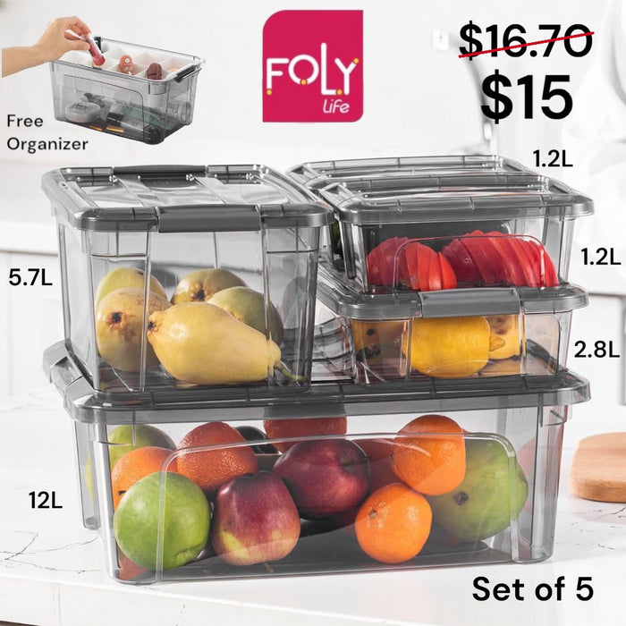 Set of 5 Folylife Royal Multipurpose Boxes 2x1.2L + 2.8L + 5.7L + 12L + FREE ORGANIZER TRAY