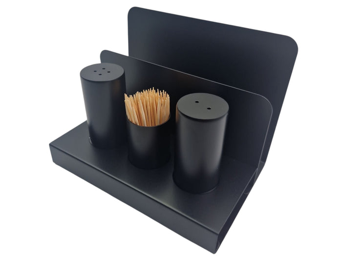 Black Salt and Pepper and Toothpicks Set with Tissue Sta