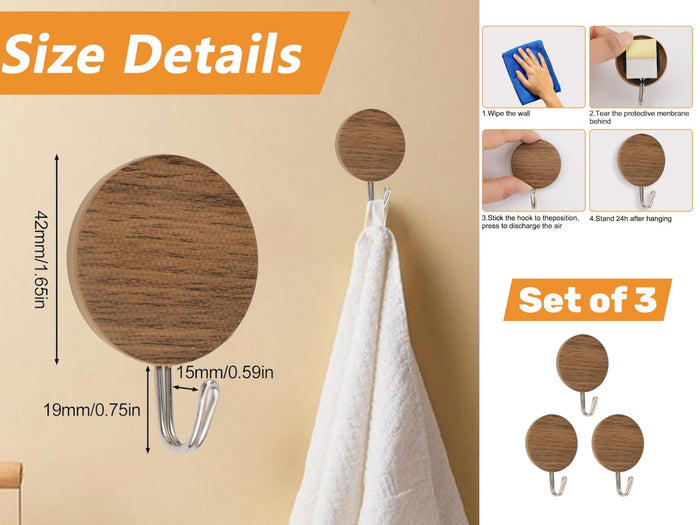 Wood Grain Round Self Adhesive Hooks X3