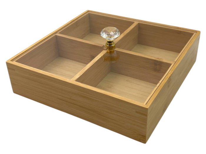 Covered Bamboo Square Condiment Tray with 4 Compartments