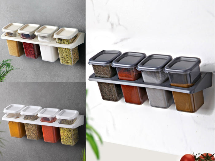 Wall mounted 4 Jars Spice Set with Adhesive Hooks