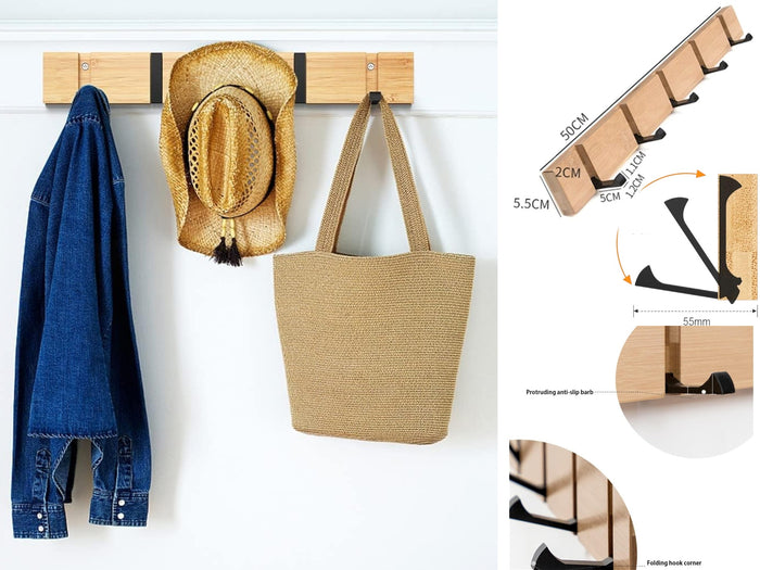 Bamboo Wall Mounted Hanger with 5 Retractable Hooks
