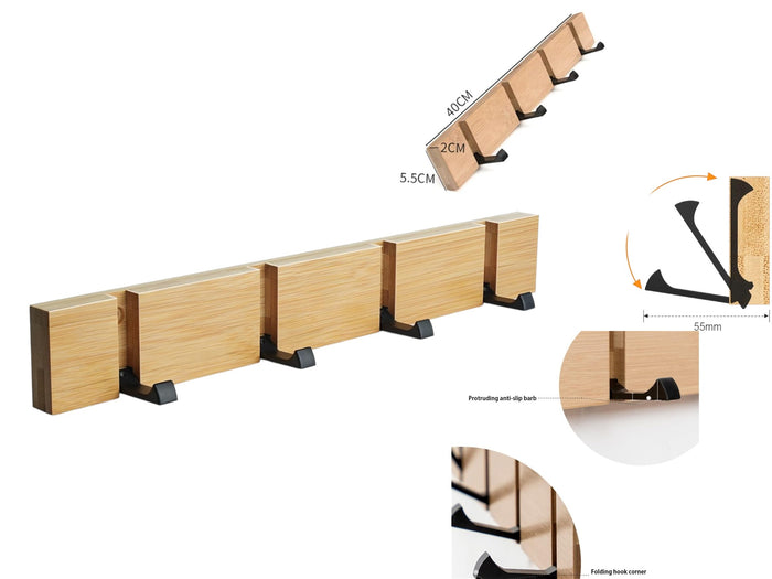 Bamboo Wall Mounted Hanger with 4 Retractable Hooks