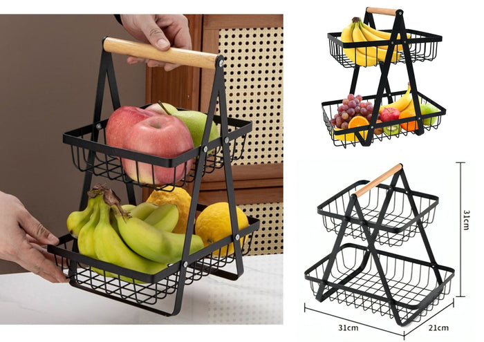 Black Iron 2 Tiers Fruit Basket with Wooden Handle