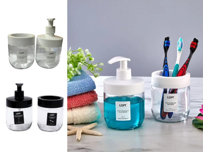 Glass Bathroom Soap Dispenser and Toothbrush Holder Set