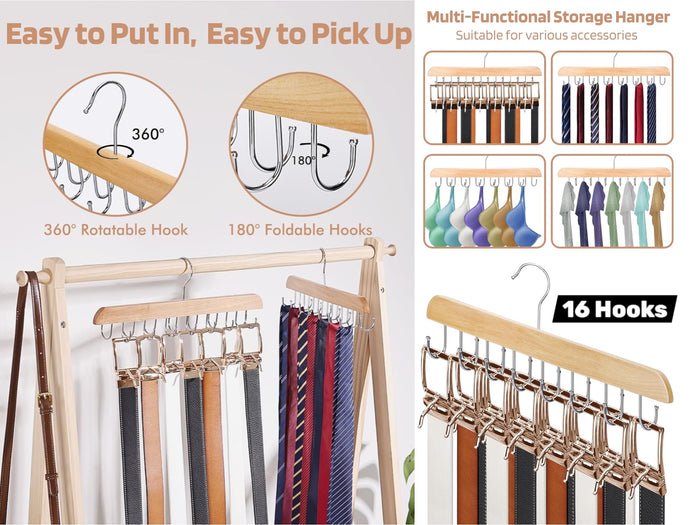 Wooden Belts Hanger with 16 hooks