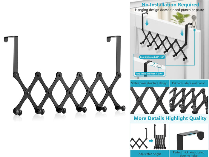 Expandable Black Metallic over the door hanger with 6 ho