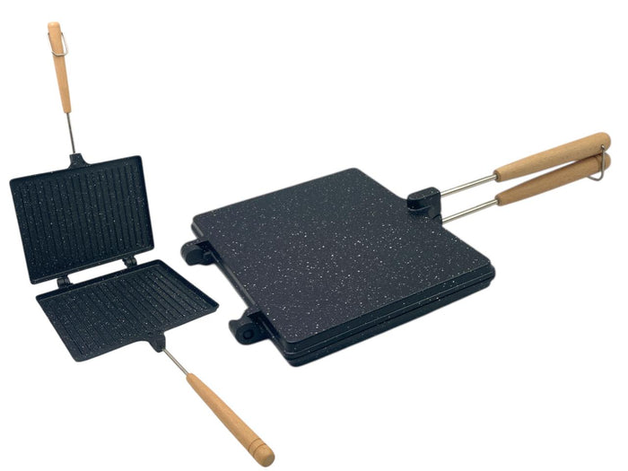 Granite Aluminum Sandwich Double Grill with Wooden Handl