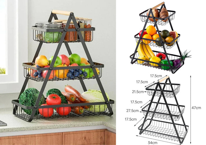 Black Iron 3 Tiers Fruit Basket with Wooden Handle
