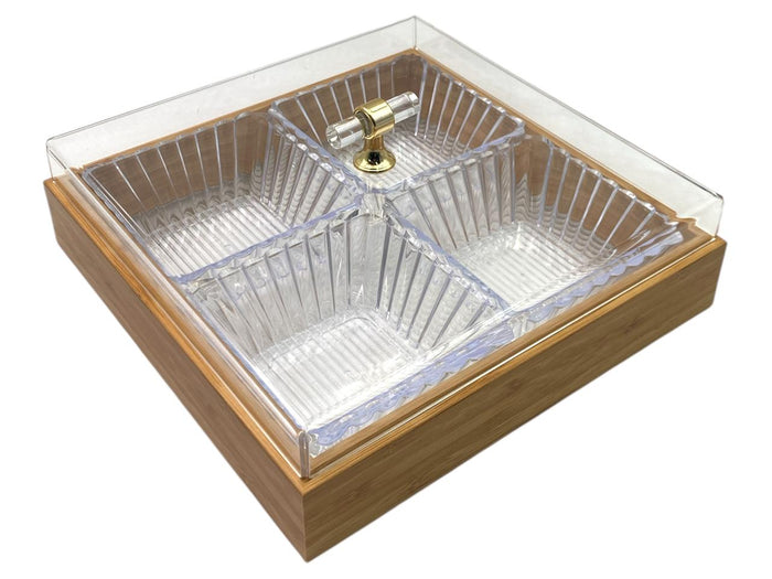 Bamboo Square Condiment Tray with 4 Bowls and Cover