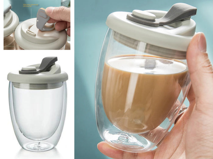 Double Wall Glass Cup with Leak Proof Cover 350 ml