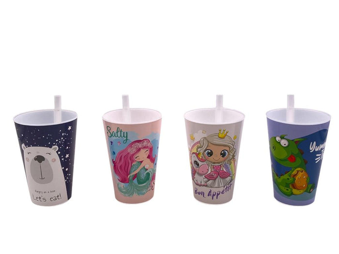 Children Plastic Cup with Straw 400ml Food Grade