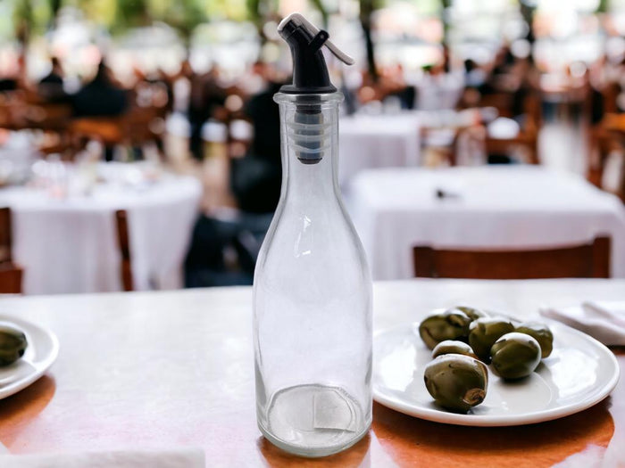 Glass Oil Bottle 300 ml with Plastic Pourer and Cover