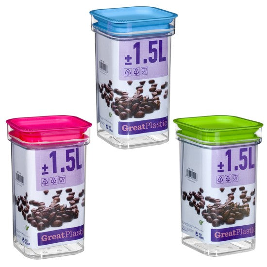 Plastic Squared JAr with Colorful Lid - 1.5 lt