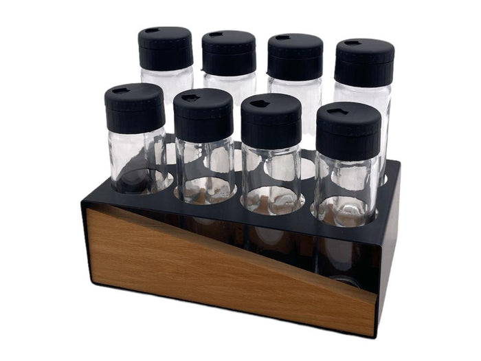 Set of 8 Spice Bottles with Black Iron and Wooden Stand