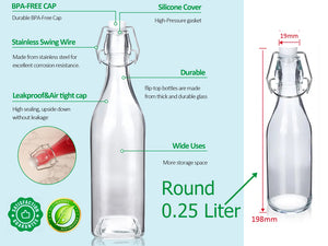 Round Glass Bottle with Flip-top Airtight Lid 0.25 Liter