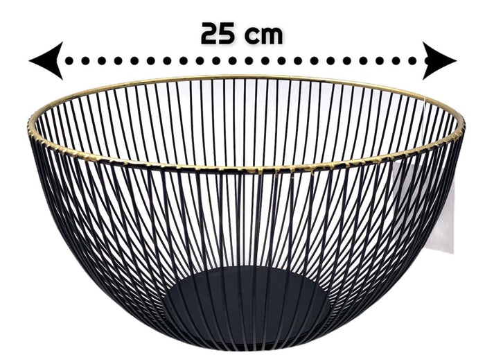 Tall Metal Fruit Basket Black Gold Rim