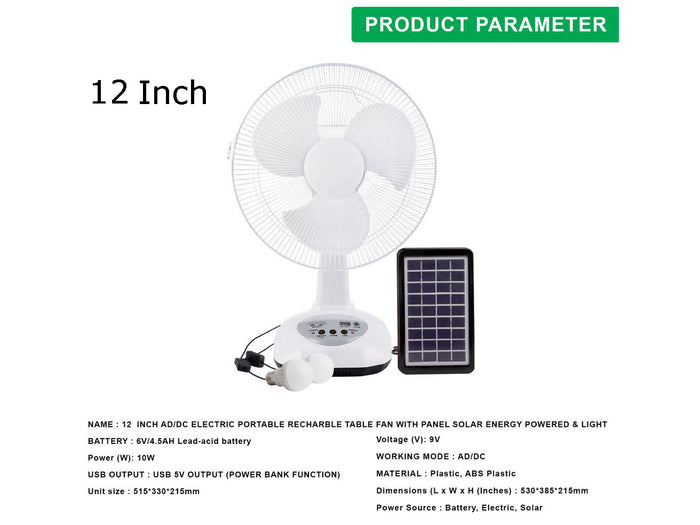 Rechargeable Fan  12" with Solar Panel & 2 LED bulbs.