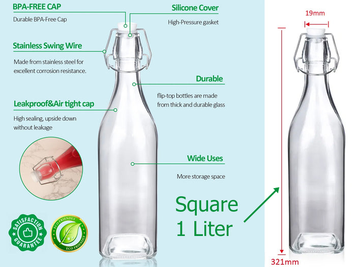 Square Glass Bottle with Flip-top Airtight Lid 1 Liter