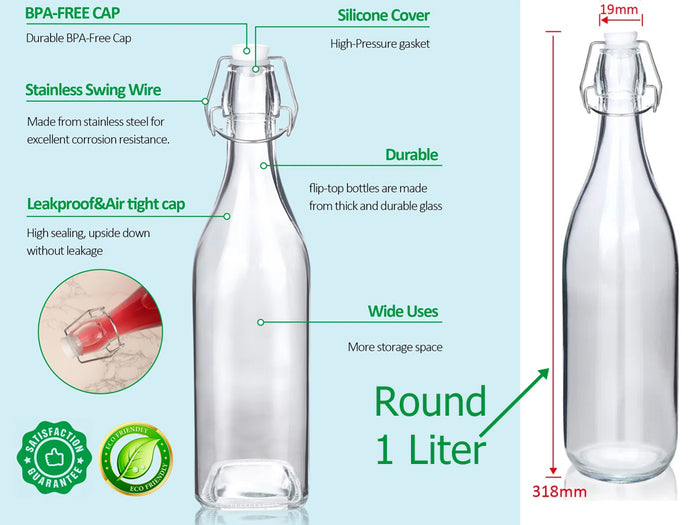 Round Glass Bottle with Flip-top Airtight Lid 1 Liter