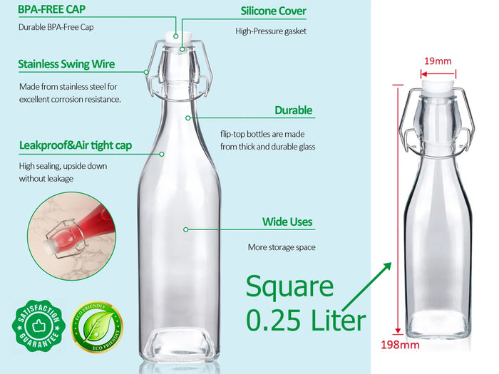 SquareGlass Bottle with Flip-top Airtight Lid 0.25 Liter
