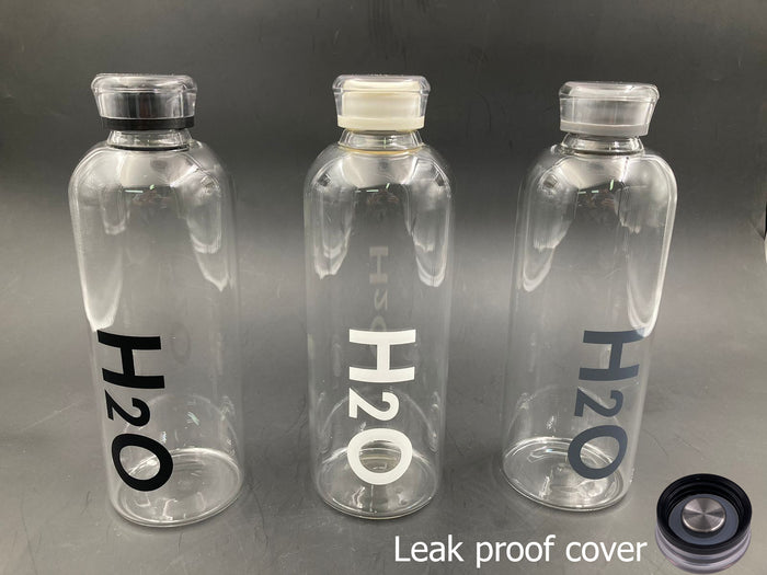 H2O Decorated Glass Water Bottle 1000ml with Leak Proof