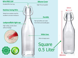 Square Glass Bottle with Flip-top Airtight Lid 0.5 Liter