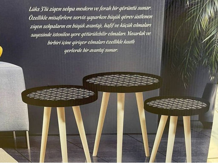 Set of three plastic tables with wooden legs