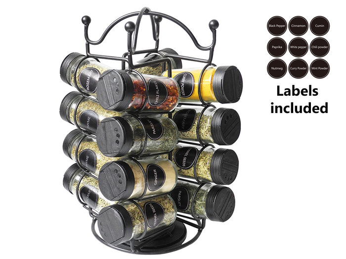 Glass Spice Set 16 pieces with Rotating Metal Stand