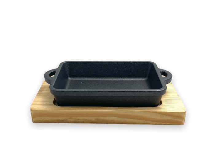 Rectangular Cast Iron Sizzling with wooden base 15 cm