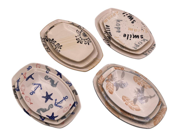 Decorated Ceramic Oval Plates Set of 3